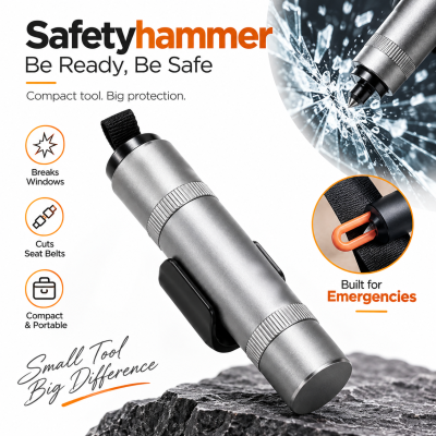 2-in-1 Car Emergency Safety Hammer – Spring-Loaded Tungsten Steel Window Glass Breaker & Concealed Seat Belt Cutter with 3M Mountable Base